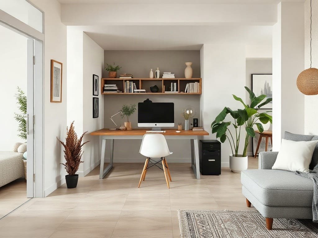 Bàn Làm Việc Gỗ Công Nghiệp Hiện Đại: Lựa Chọn Hoàn Hảo Cho Không Gian Sống Căn hộ phong cách mở với bàn làm việc gỗ công nghiệp ở góc ấm cúng.