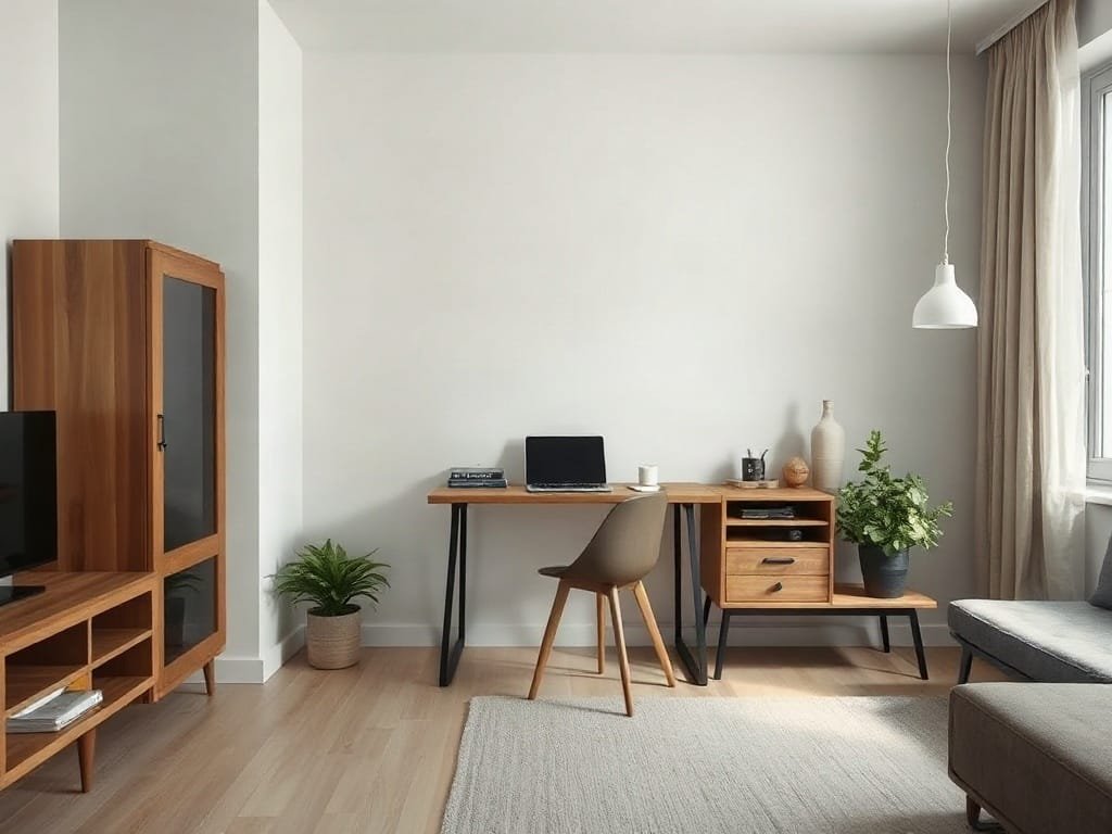 Bàn Làm Việc Gỗ Công Nghiệp Hiện Đại: Lựa Chọn Hoàn Hảo Cho Không Gian Sống Căn hộ studio hiện đại với bàn làm việc gỗ công nghiệp nhỏ gọn.