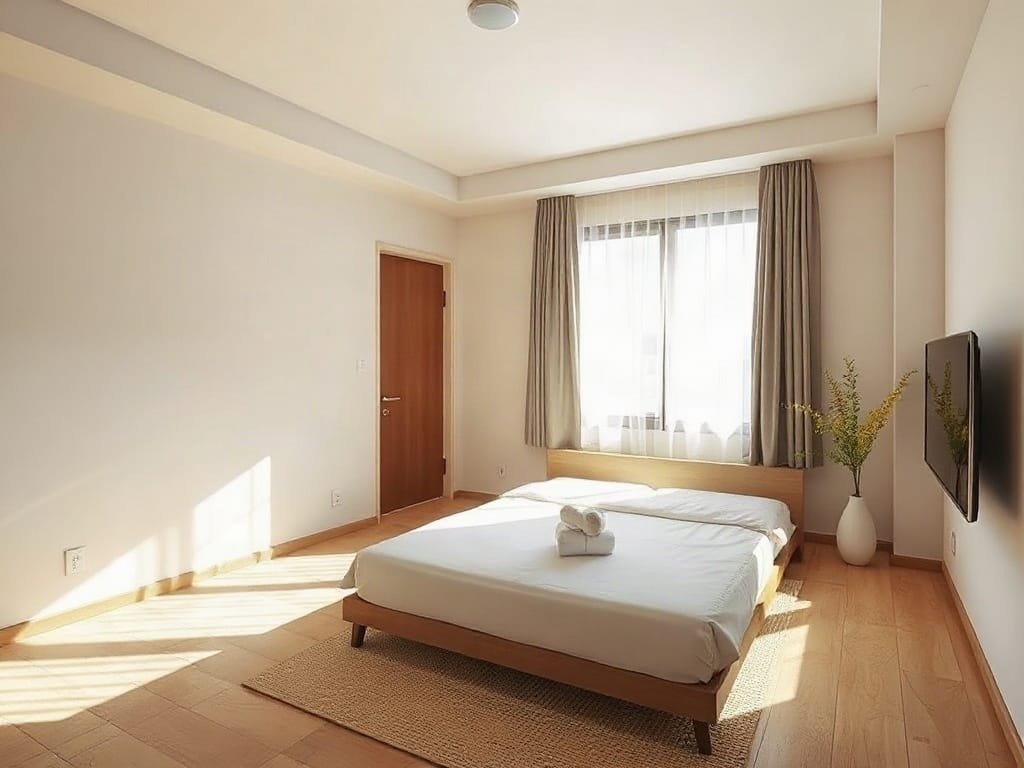 Căn hộ studio thanh lịch với giường kiểu Nhật và thiết kế tối giản.
