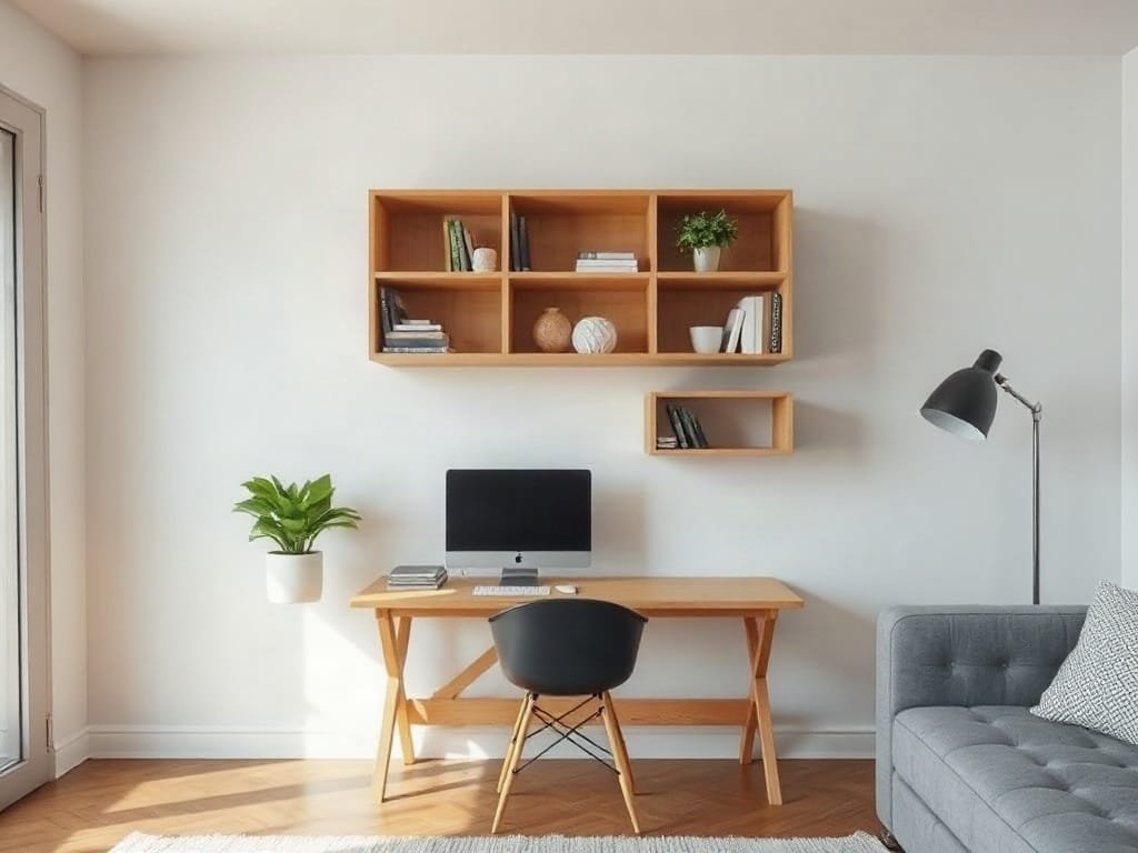 Căn hộ studio với bàn làm việc tiết kiệm diện tích bằng gỗ tự nhiên.
