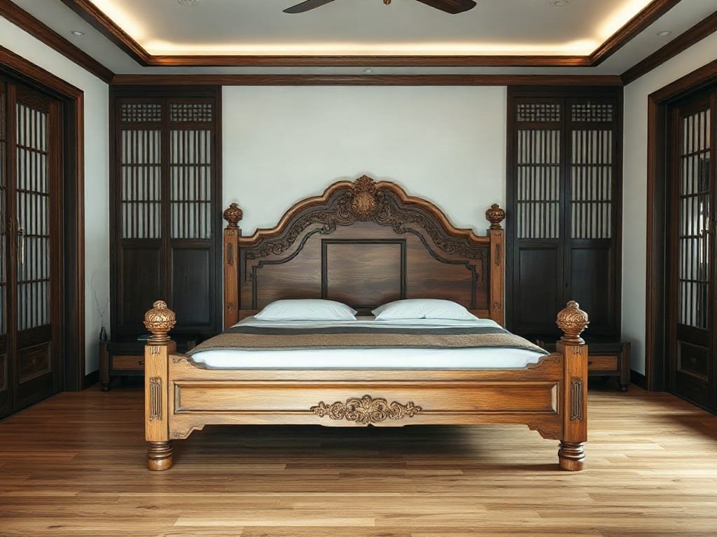 Giường gỗ sồi trong phòng ngủ phong cách truyền thống