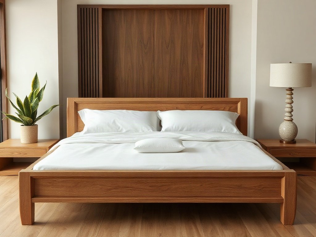 Giường gỗ tự nhiên với họa tiết tinh xảo trong phòng phong cách châu Á.