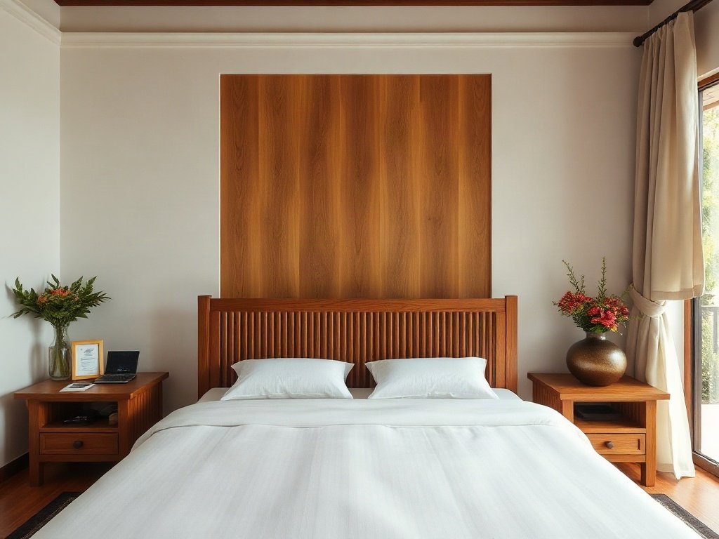 Giường ngủ gỗ trong phòng khách sạn Việt Nam ấm áp, sang trọng.