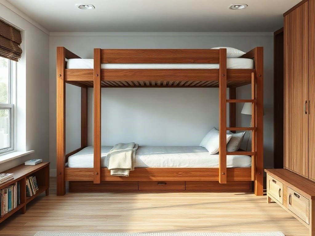 Giường tầng gỗ tinh tế trong phòng trẻ em, lưu trữ tiện lợi