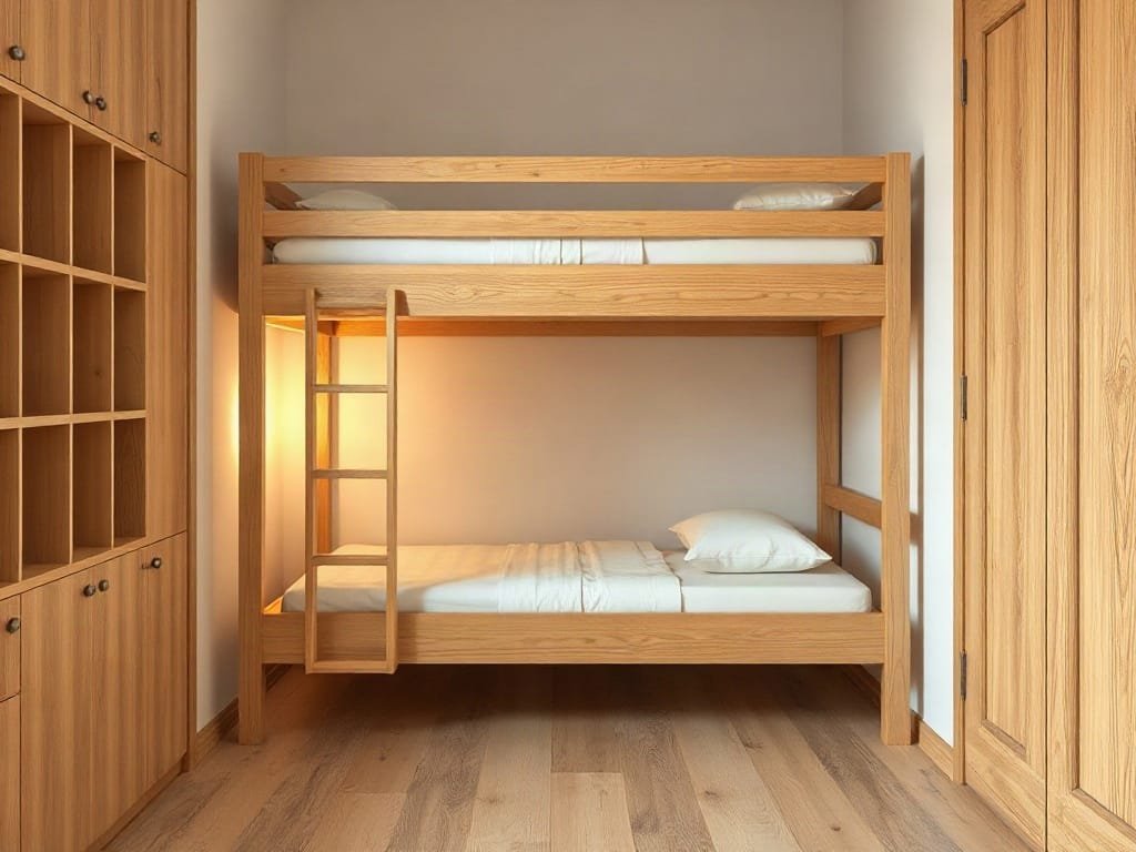 Giường tầng thanh lịch trong không gian nhỏ hẹp, tận dụng gỗ