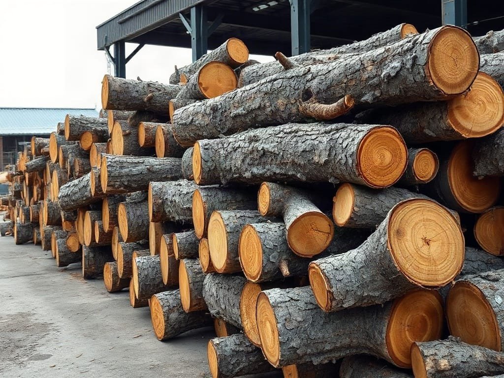 Gỗ phong cách độc đáo tròn vỏ dày tập kết tại bãi xưởng cưa