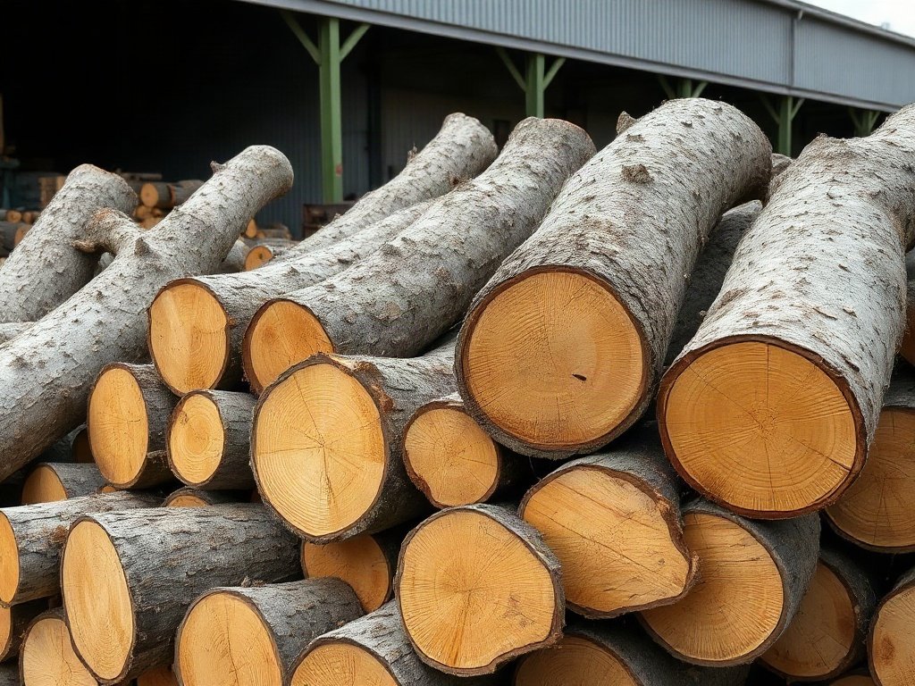Gỗ thông minh đa năng tròn vỏ dày tập kết tại bãi xưởng cưa
