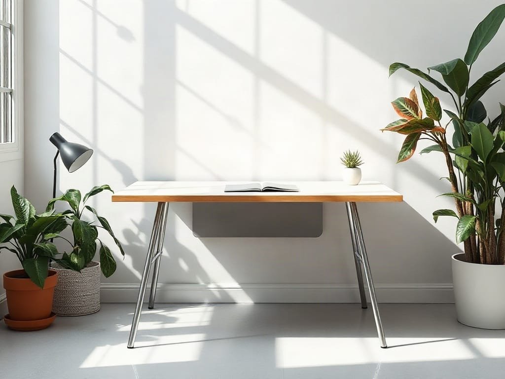 Bàn Làm Việc Chân Sắt Đẹp Giá Rẻ: Lựa Chọn Hoàn Hảo Cho Không Gian Sáng Tạo Góc học tập tối giản với bàn chân sắt xung quanh cây xanh