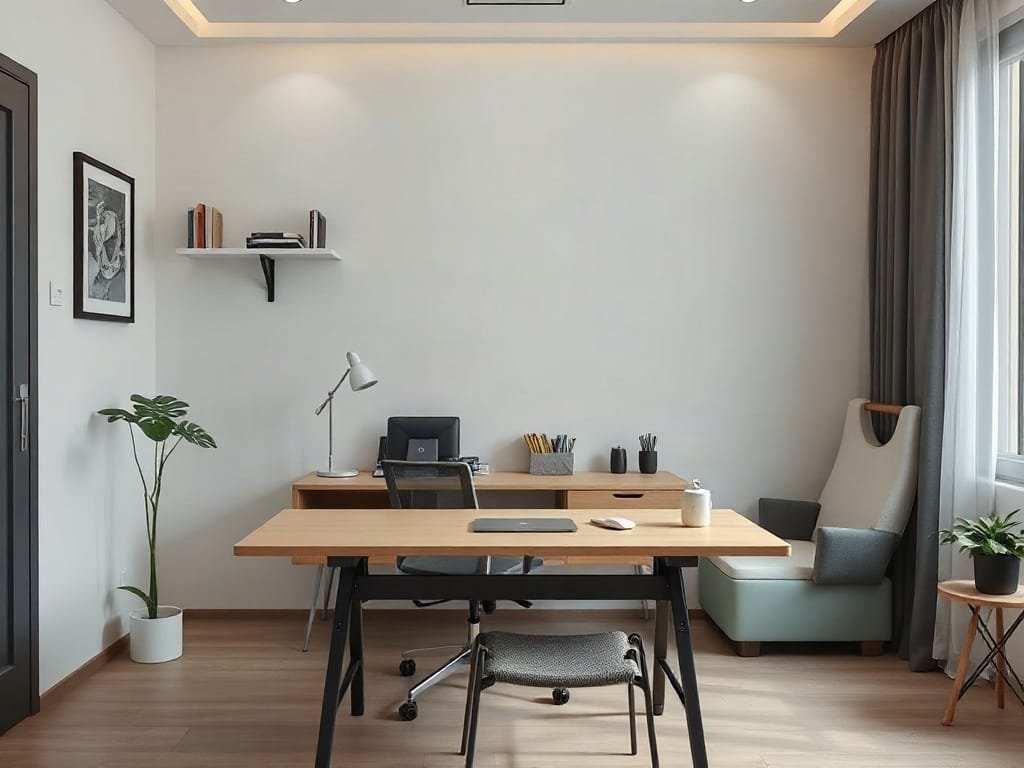 Góc làm việc hiện đại với bàn làm việc gấp gọn đa năng.