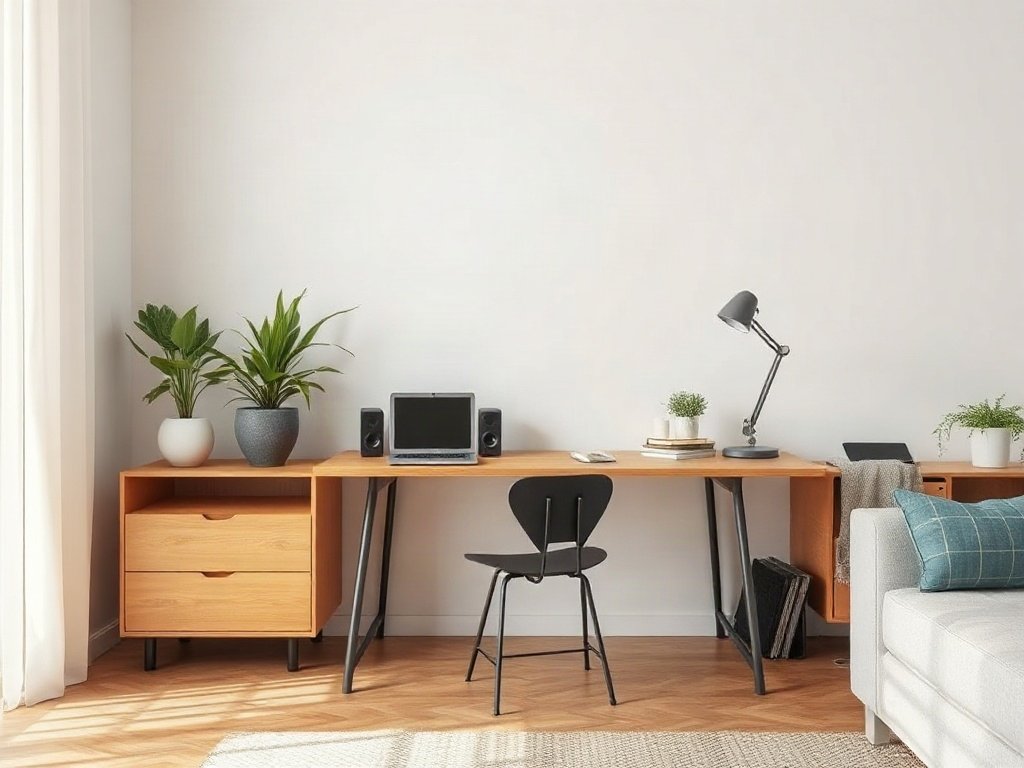 Khám Phá Bàn Làm Việc IKEA Thông Minh Gọn Gàng Cho Không Gian Hiện Đại Góc phòng khách với bàn làm việc IKEA thông minh kết hợp gỗ và kim loại.