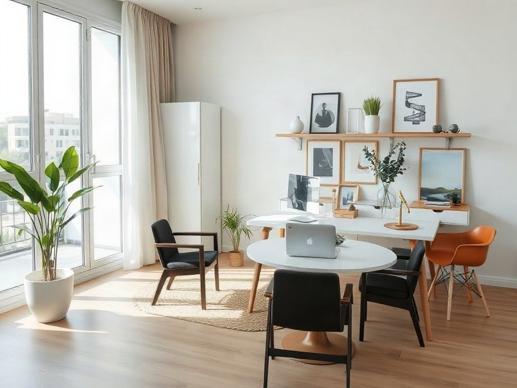 Không gian làm việc chung trong căn hộ với bàn làm việc nhóm hiện đại