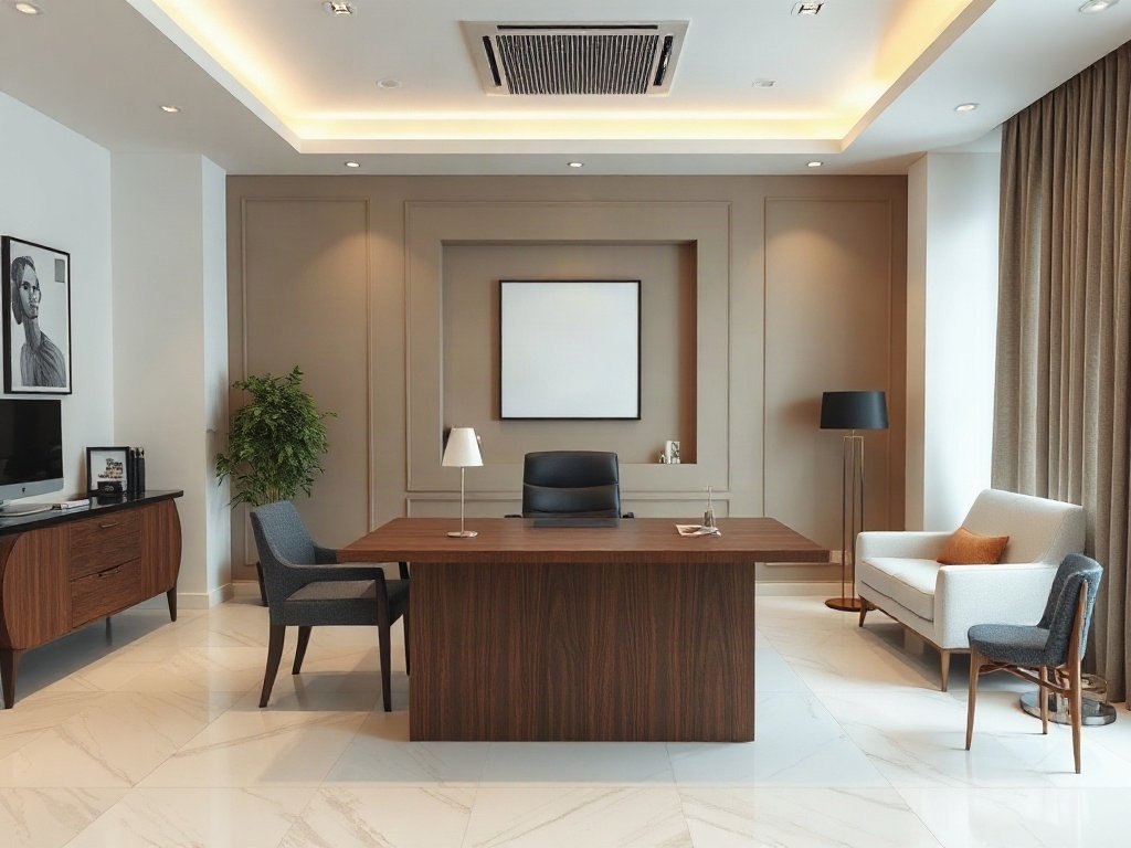 Không gian làm việc giám đốc hiện đại với bàn gỗ và nội thất thanh lịch