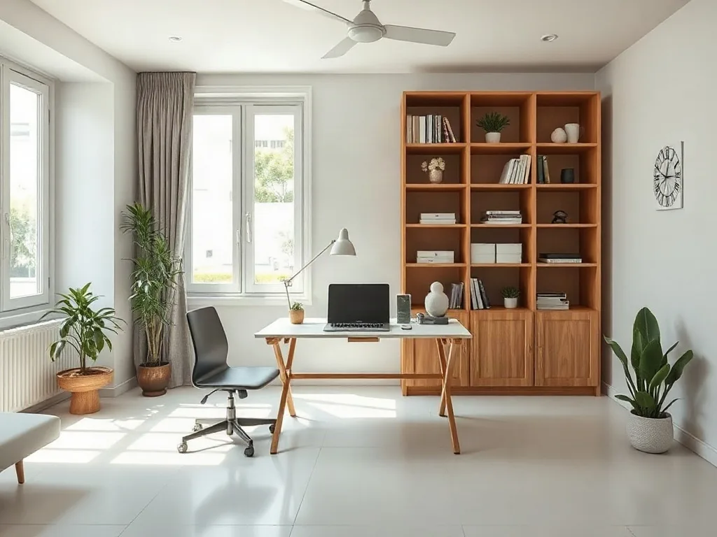 Không gian làm việc thoáng đãng với thiết kế bàn làm việc gấp gọn.