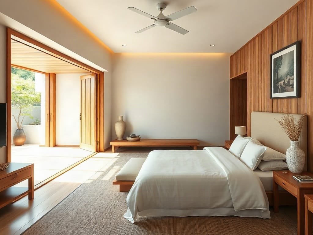 Không gian phòng ngủ biệt thự sang trọng phong cách Nhật, làm nổi bật nội thất gỗ tự nhiên.