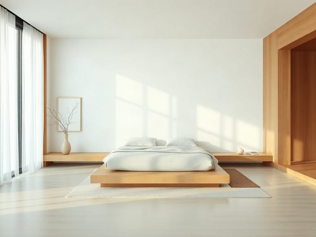 Không gian phòng ngủ rộng rãi, nhấn mạnh giường nền kiểu Nhật tinh tế.