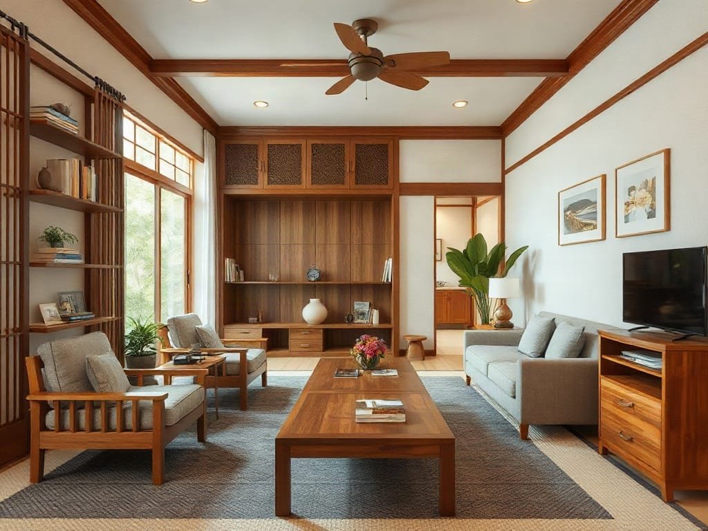 Không gian sống kiểu Nhật ấm cúng và sang trọng với nội thất gỗ.