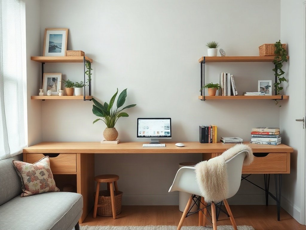 Khám Phá Bàn Làm Việc IKEA Thông Minh Gọn Gàng Cho Không Gian Hiện Đại Khu vực học tập căn hộ với bàn IKEA gỗ và kệ trang trí phong cách.
