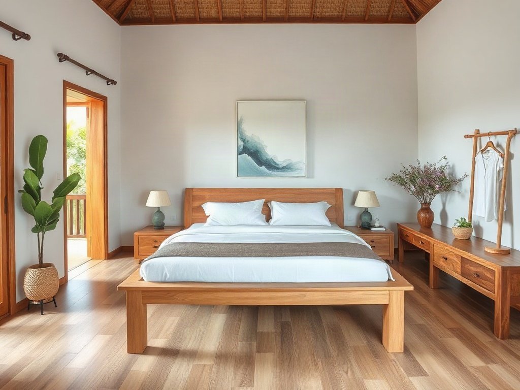 Nội thất biệt thự Việt Nam với giường gỗ tự nhiên.
