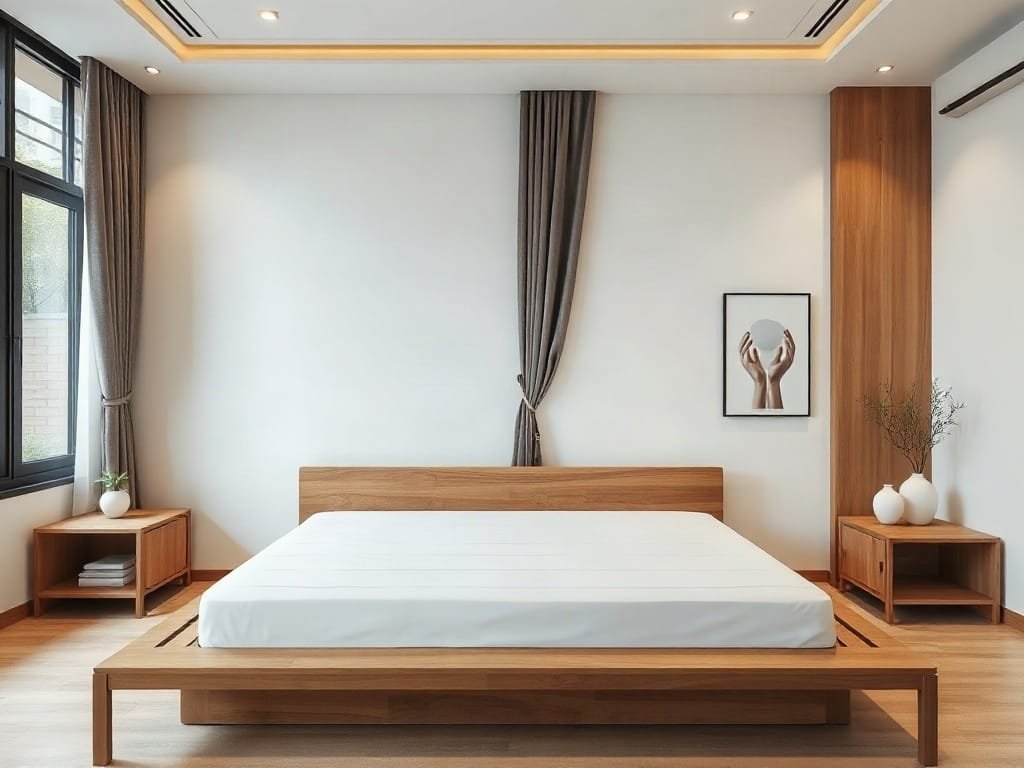 Nội thất căn hộ Việt Nam hiện đại với giường gỗ tự nhiên.