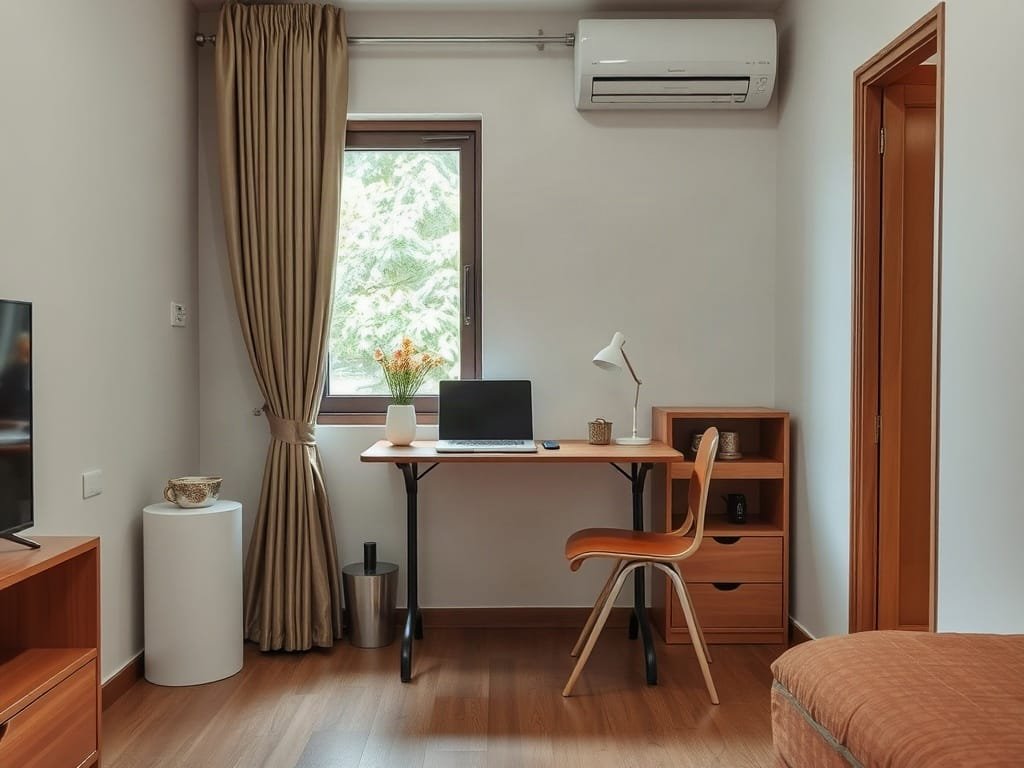 Nội thất căn hộ Việt với bàn làm việc gấp gọn ở góc.