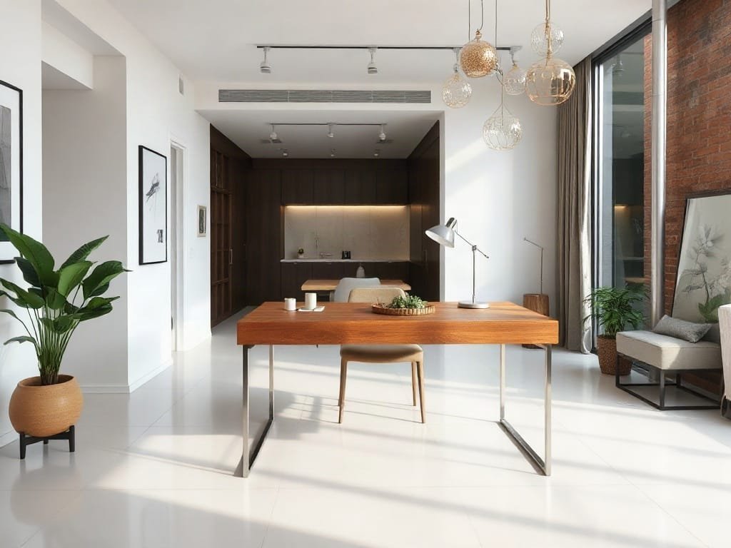 Bàn Làm Việc Gỗ Công Nghiệp Hiện Đại: Lựa Chọn Hoàn Hảo Cho Không Gian Sống Nội thất chung cư cao cấp với bàn làm việc gỗ công nghiệp và trang trí tinh tế.