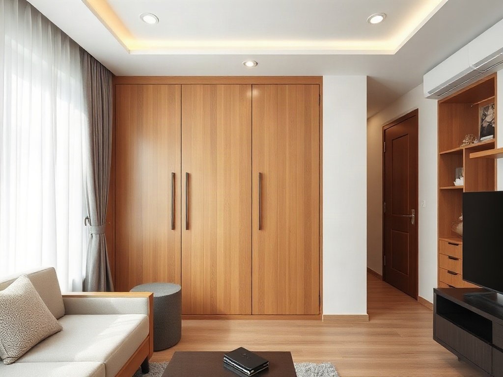 Nội thất chung cư hiện đại Việt Nam với tủ quần áo tiết kiệm không gian.