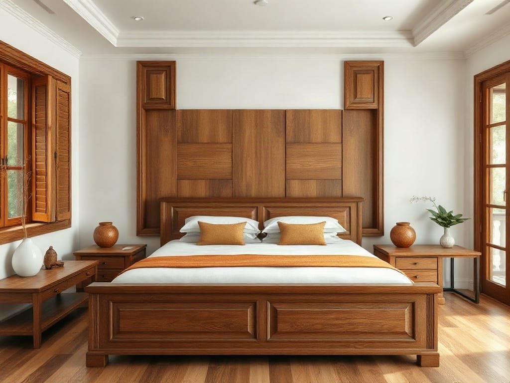 Nội thất gỗ cổ điển Việt Nam với giường gỗ sồi