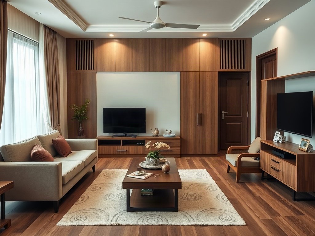 Nội thất phòng khách với tủ quần áo hài hòa trong nhà Việt Nam.
