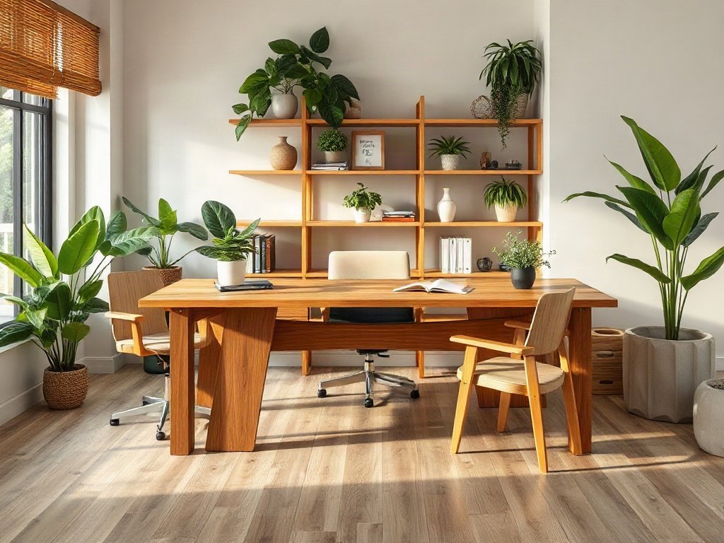 Nội thất văn phòng Việt Nam ấm cúng với bàn làm việc nhóm bằng gỗ tự nhiên