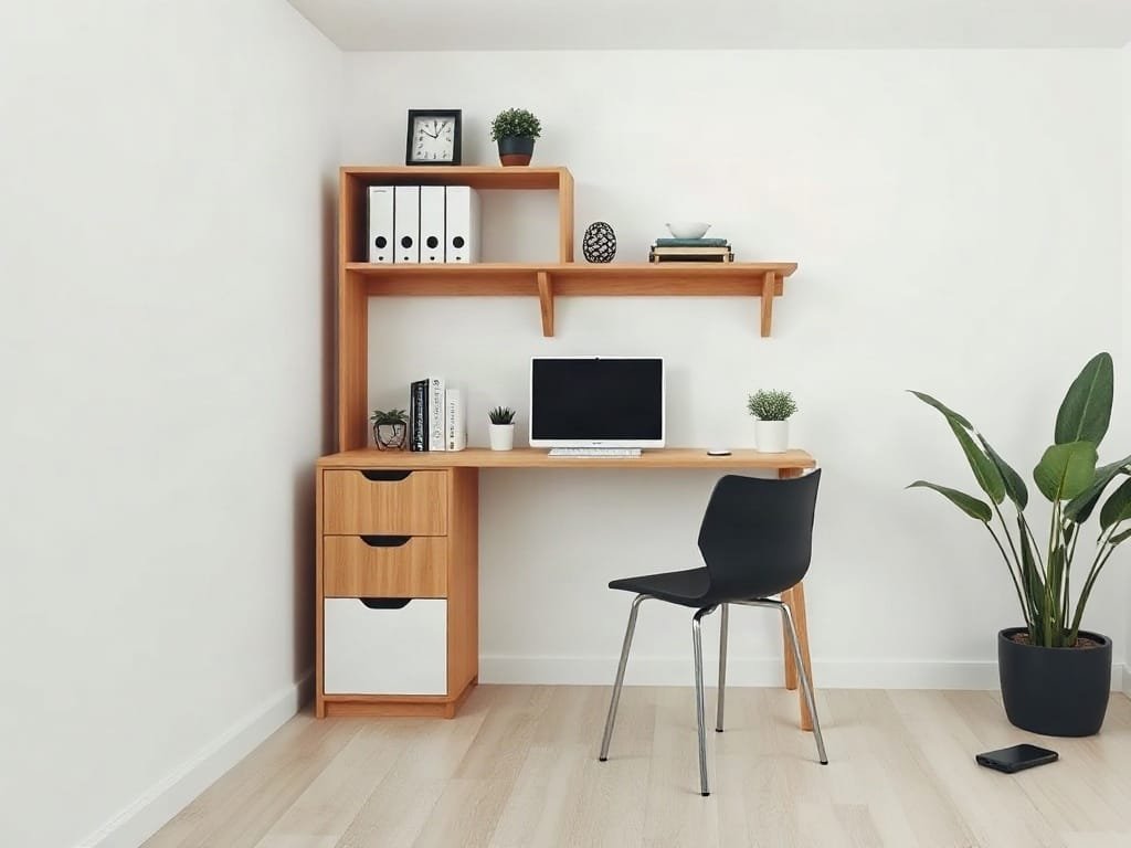 Bàn Làm Việc Thông Minh Tiết Kiệm Diện Tích: Giải Pháp Hoàn Hảo Cho Không Gian Nhỏ Phòng học nhỏ hiện đại với bàn thông minh bằng gỗ tiết kiệm diện tích.