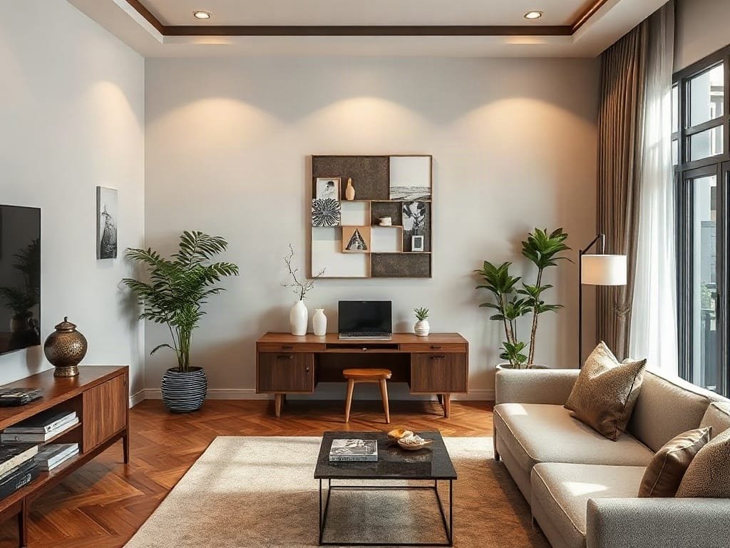 Phòng khách sang trọng với bàn làm việc gấp gọn.