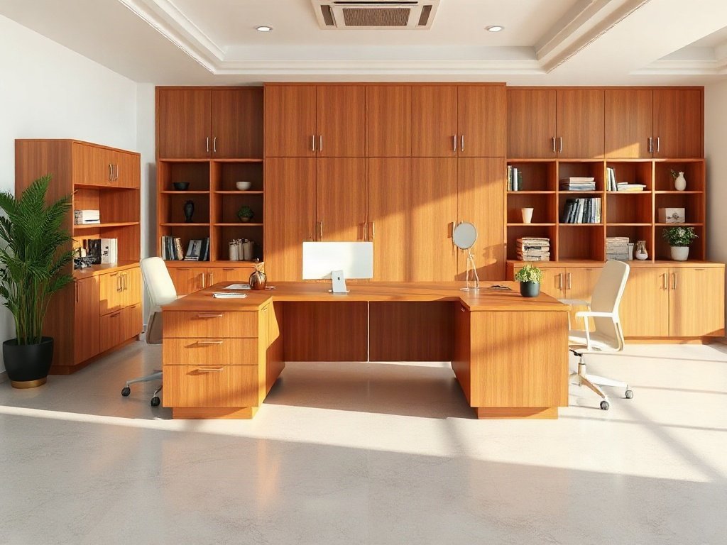 Phòng làm việc phong cách với bàn làm việc nhóm và tủ gỗ đồng bộ