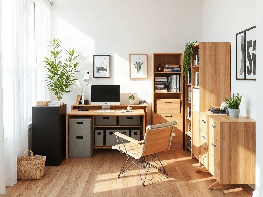 Khám Phá Bàn Làm Việc IKEA Thông Minh Gọn Gàng Cho Không Gian Hiện Đại Phòng làm việc tại nhà với đồ nội thất IKEA gọn gàng và ánh sáng tự nhiên.