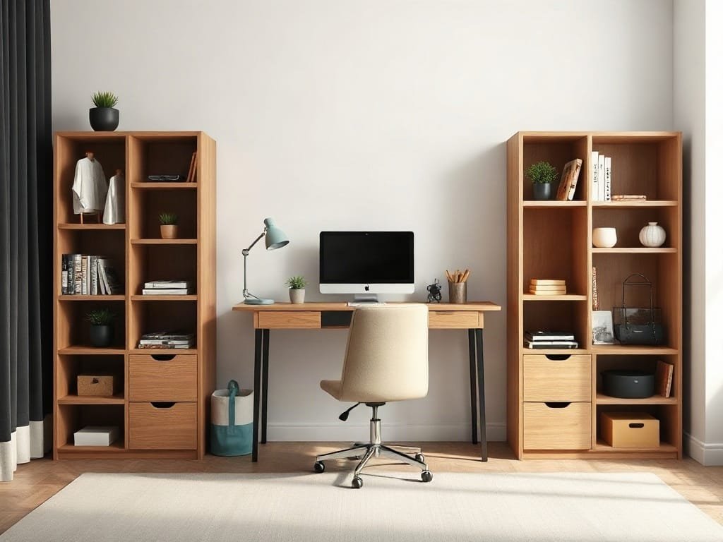 Bàn Làm Việc Thông Minh Tiết Kiệm Diện Tích: Giải Pháp Hoàn Hảo Cho Không Gian Nhỏ Phòng làm việc tối giản với bàn gỗ đa năng có giá sách tích hợp.