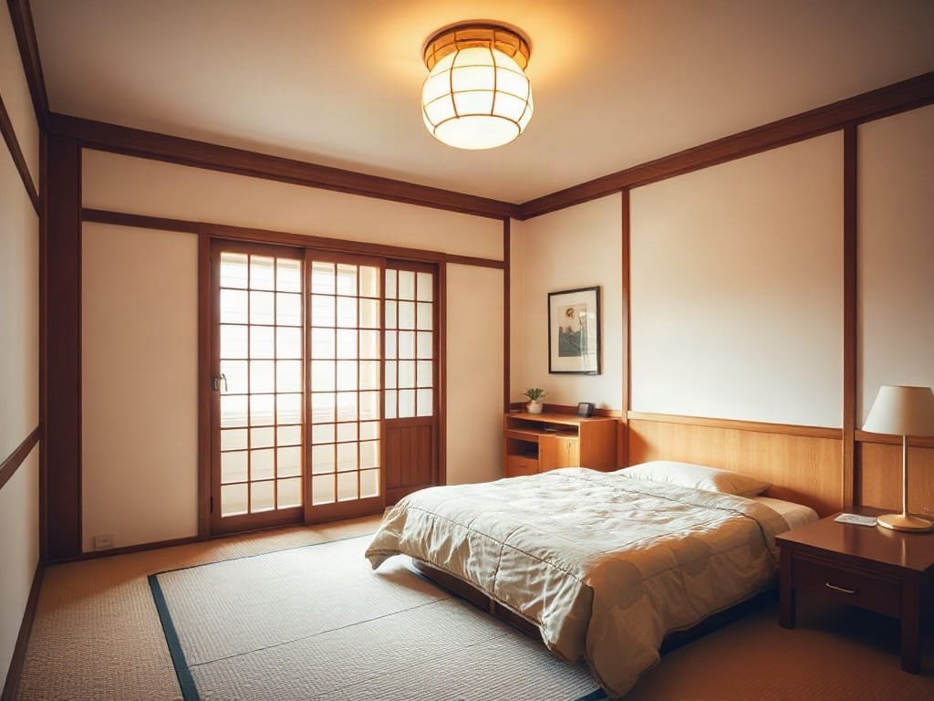 Phòng ngủ ánh sáng ấm áp với nội thất kiểu Nhật và giường thiết kế tối giản.