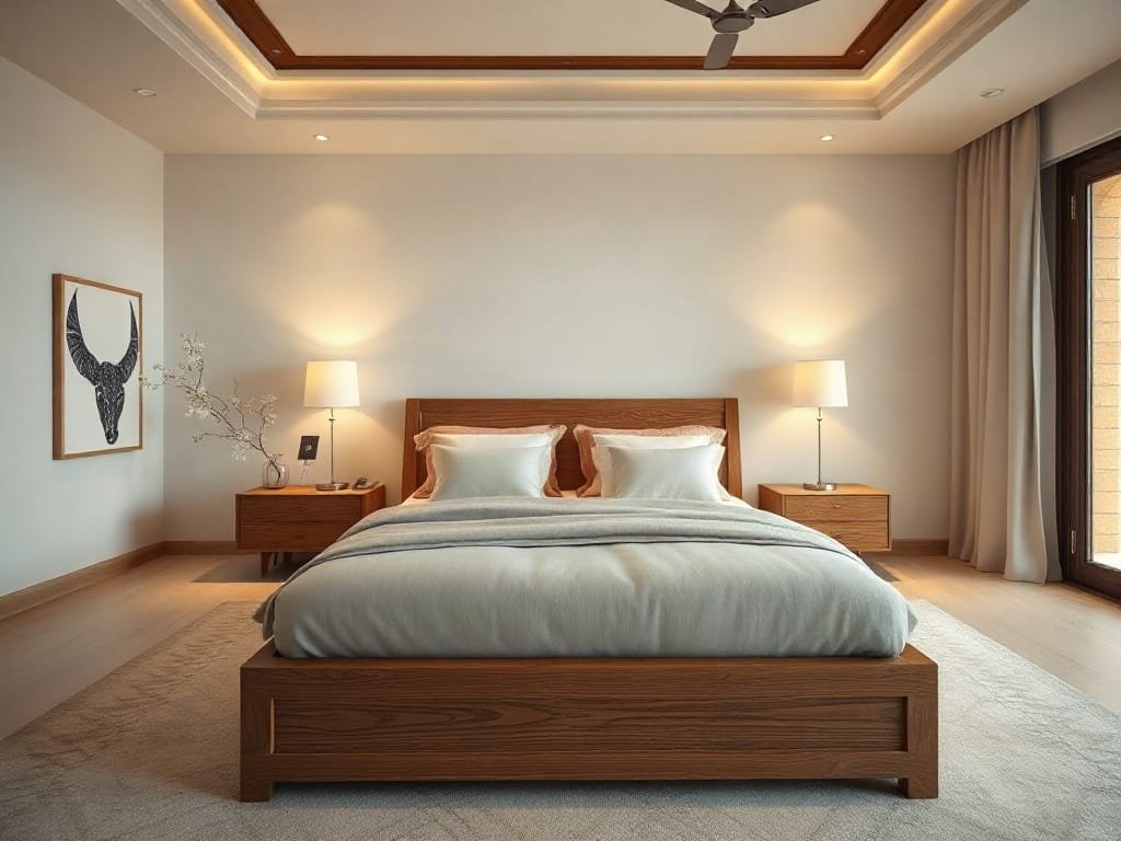 Phòng ngủ biệt thự rộng rãi với giường gỗ sồi tinh tế
