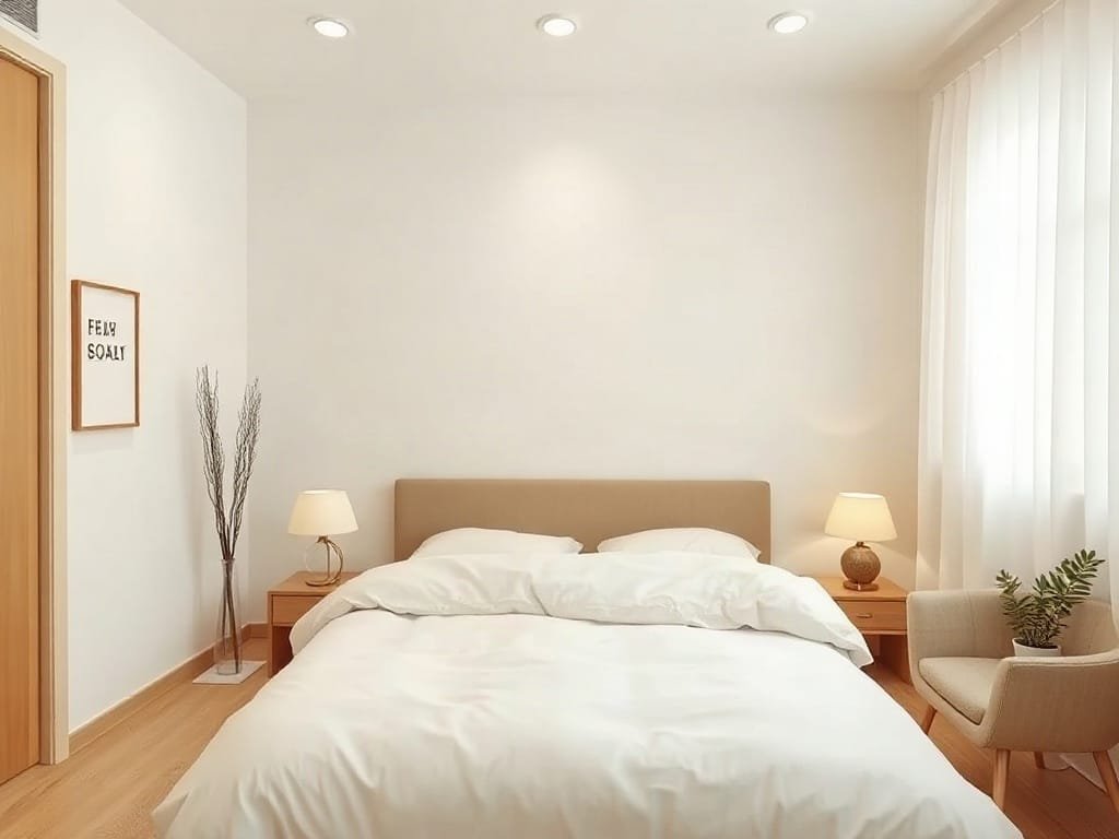 Phòng ngủ căn hộ hiện đại với giường và trang trí tối giản kiểu Nhật.