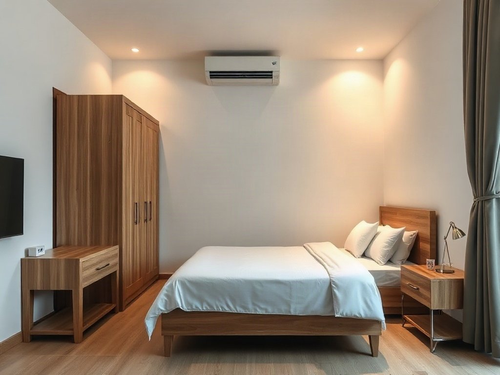 Phòng ngủ căn hộ Việt Nam trang trí đẹp với tủ quần áo lớn.