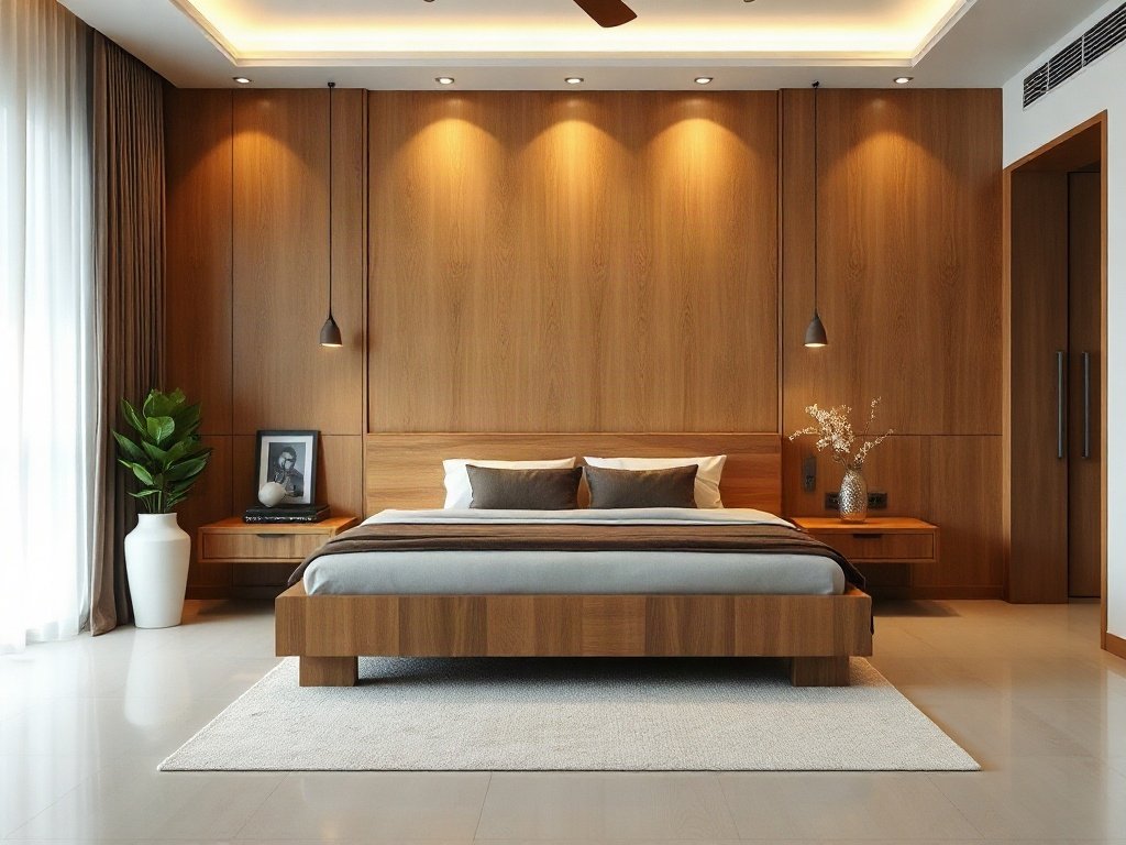 Phòng ngủ căn hộ Việt Nam với giường gỗ tự nhiên cao cấp.