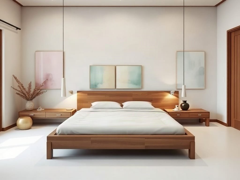 Phòng ngủ hiện đại tối giản với giường gỗ kiểu Nhật, trang trí đơn giản.