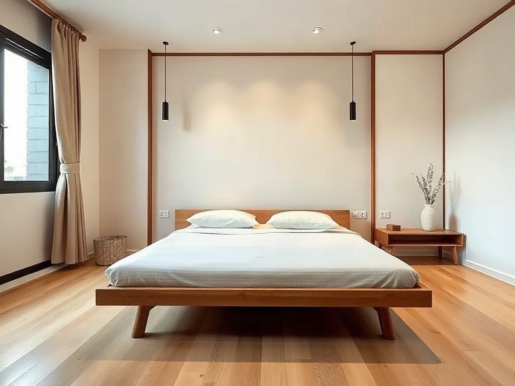 Phòng ngủ kiểu Nhật tối giản với giường gỗ thấp và ánh sáng ấm cúng.