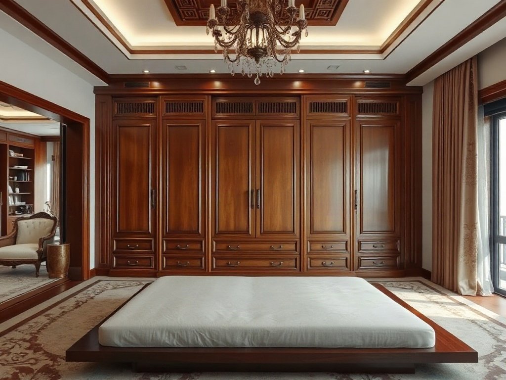 Phòng ngủ master sang trọng với tủ quần áo lớn trong biệt thự Việt Nam.