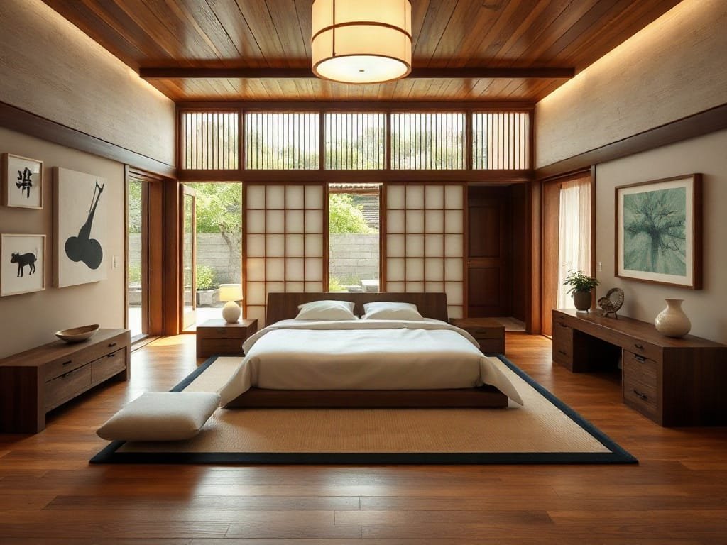 Phòng ngủ phong cách Nhật Bản sang trọng với nội thất gỗ đơn giản trong biệt thự hiện đại.