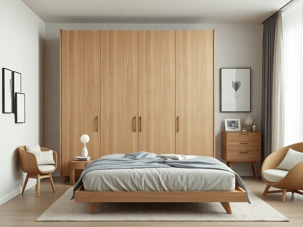 Phòng ngủ với tủ quần áo gỗ và decor tối giản