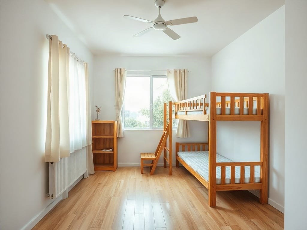 Phòng trẻ em sáng sủa với giường tầng gỗ chắc chắn, an toàn