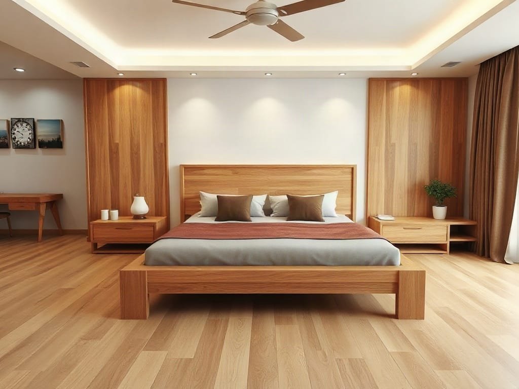 Thiết kế giường gỗ tự nhiên trong phòng khách căn hộ Việt Nam.