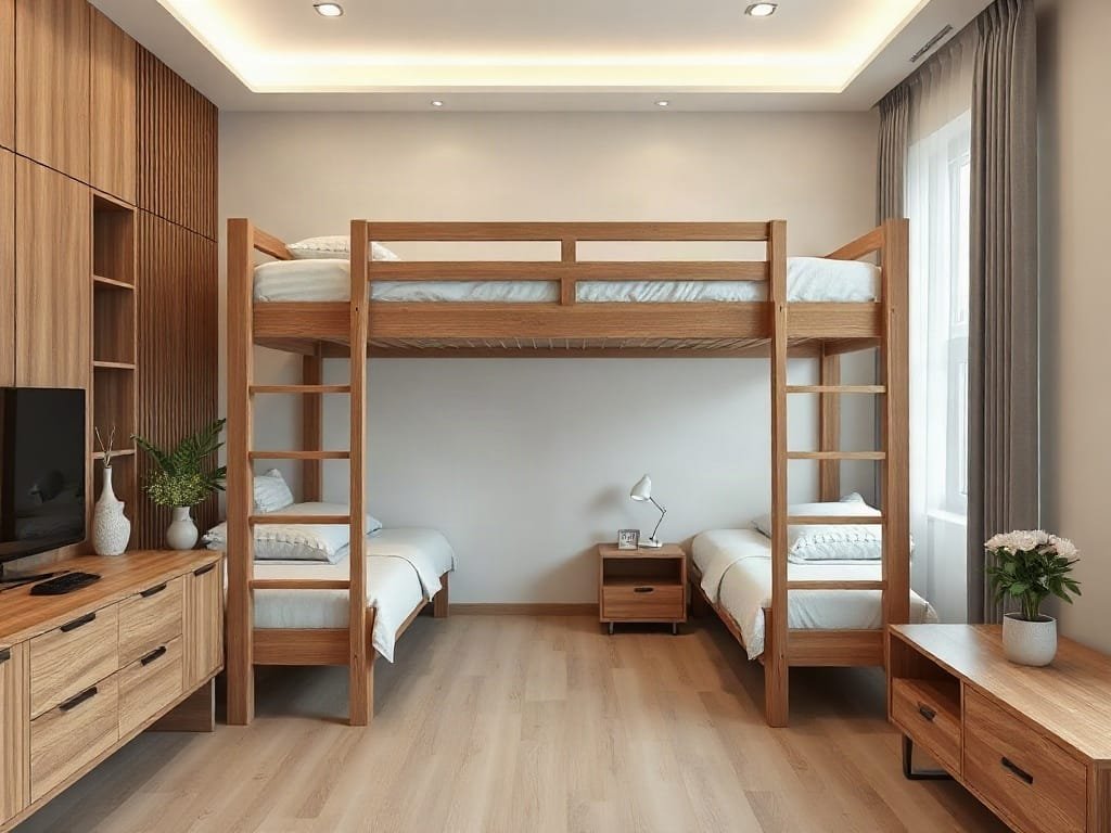 Thiết kế giường tầng hiện đại trong nhà phố, gỗ công nghiệp