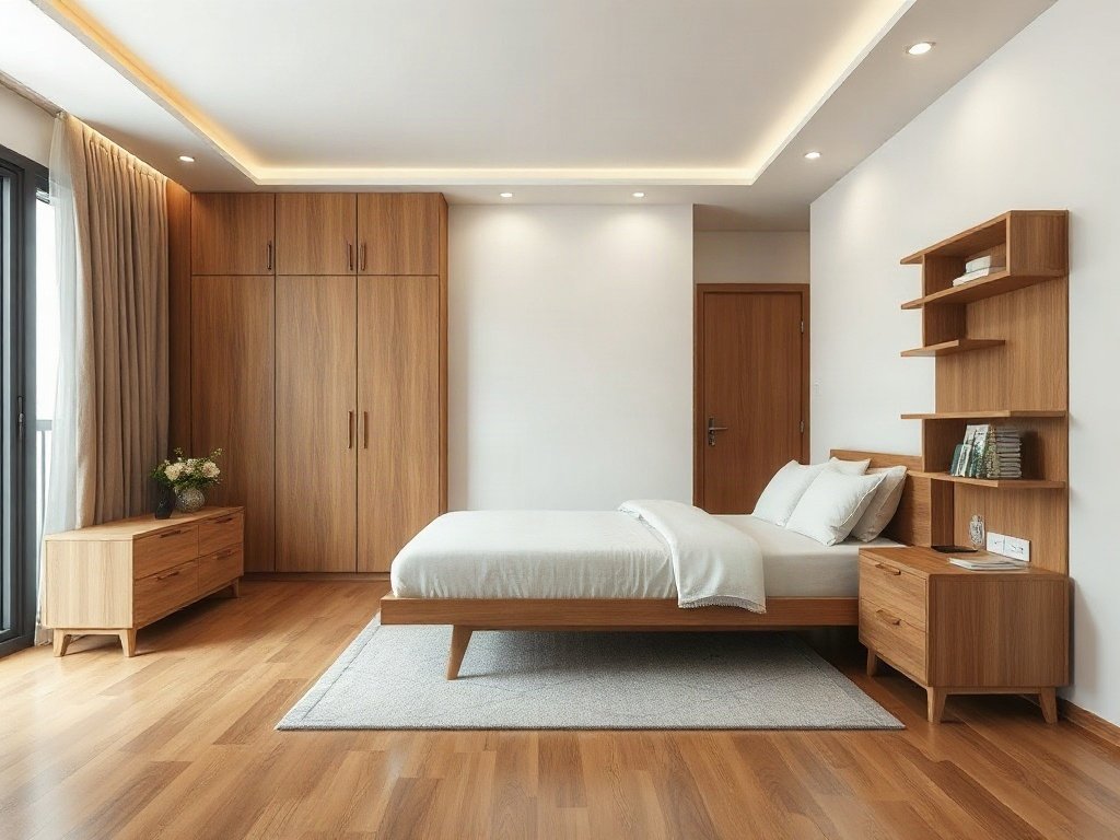 Thiết kế nội thất căn hộ mở với giường gỗ gấp phong cách.