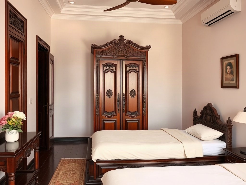 Tủ quần áo gỗ cổ điển với chạm khắc tinh xảo trong nhà phố Việt Nam.