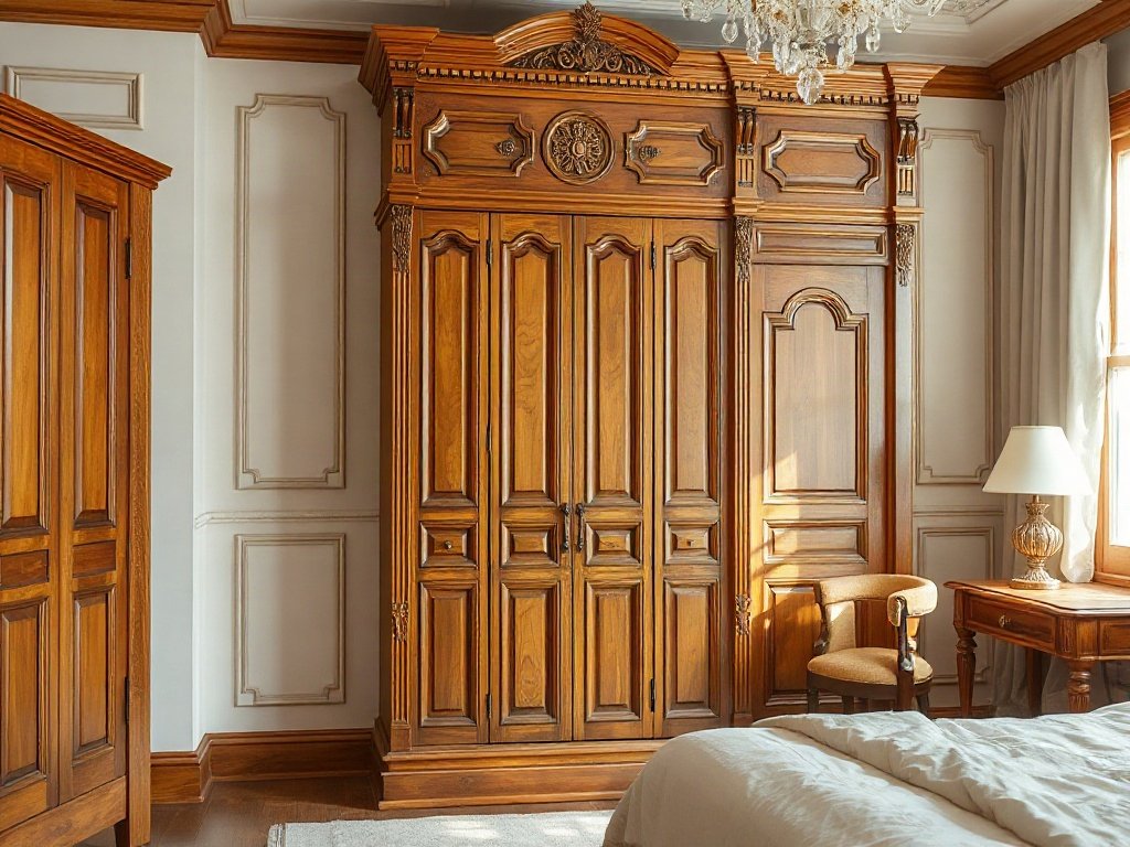 Tủ quần áo gỗ với chi tiết tinh xảo trong phòng ngủ